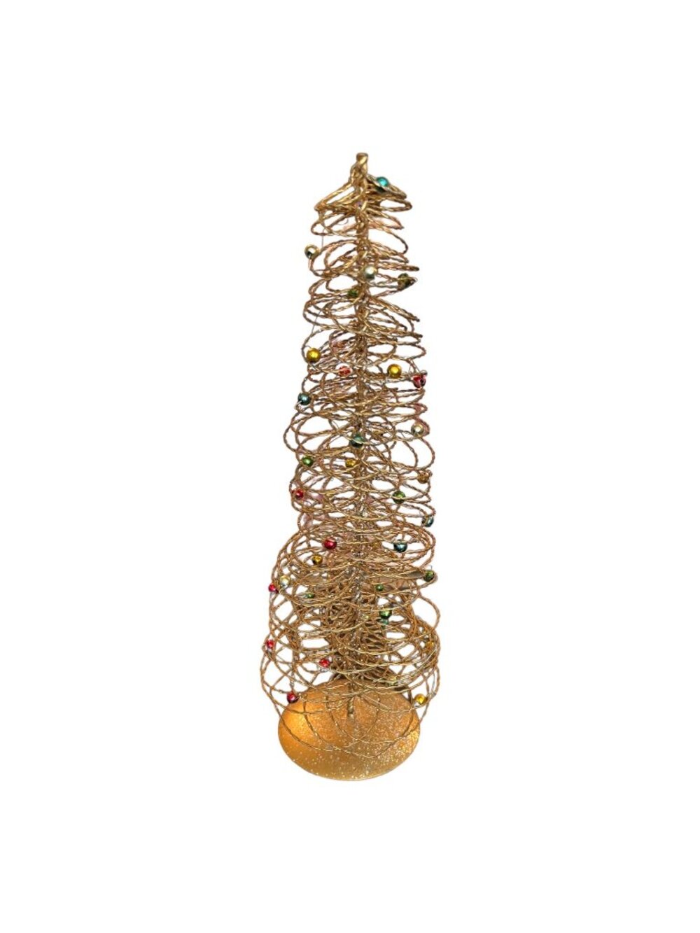 Gold Metal Wire Christmas Tree Tabletop Holiday Decor Multicolor Beads 11.5” T